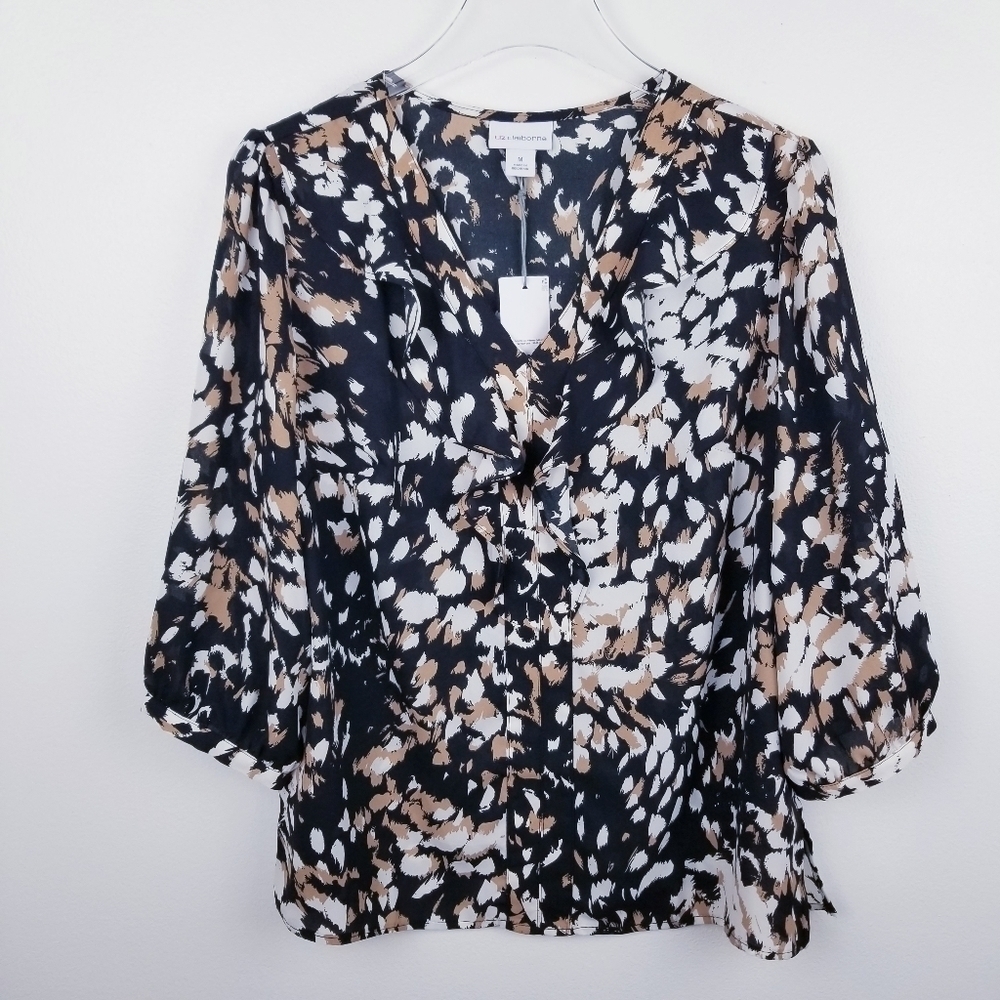 Liz Claiborne Black Cheetah Ruffle Blouse NWT, size Medium